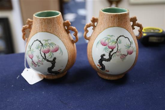 A pair of Chinese faux wood famille rose vases, hu, Qianlong mark, Republic period, H. 15.5cm